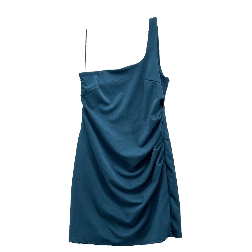 Mod On Trend Dress Women's Large Teal One Shoulder Ruched Side Going Out Party